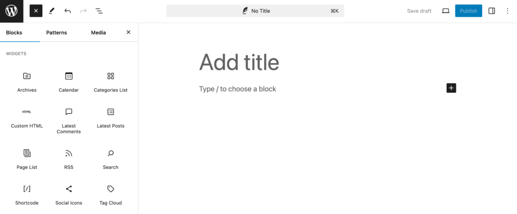 The Widgets section in WordPress block editor