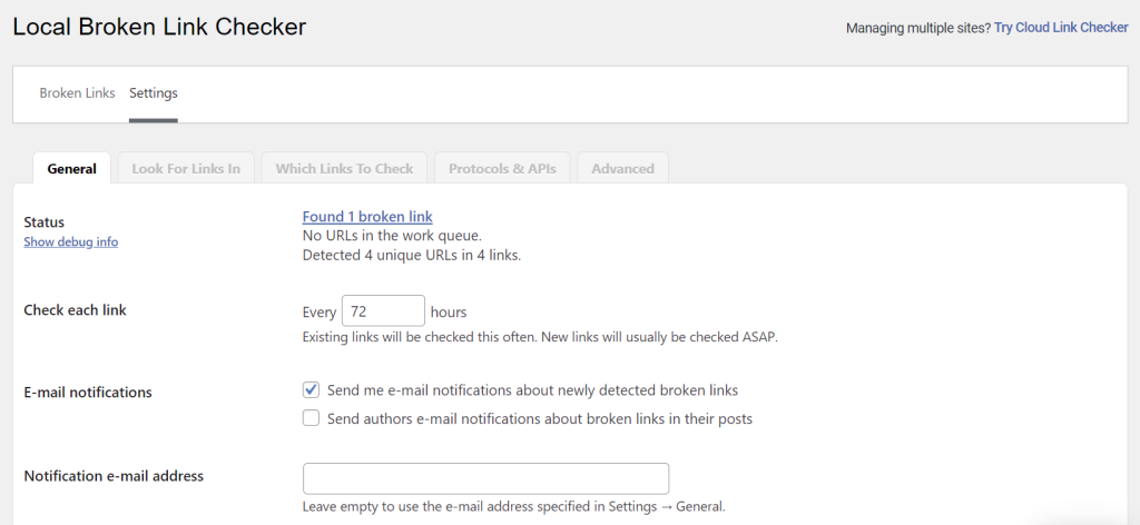 The general settings of Broken Link Checker plugin