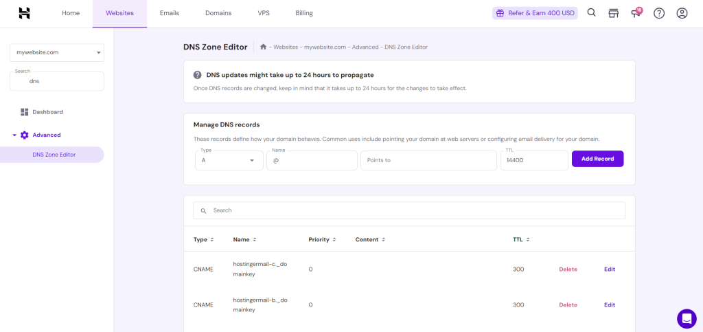 DNS records tab selected in the Domains settings in hPanel