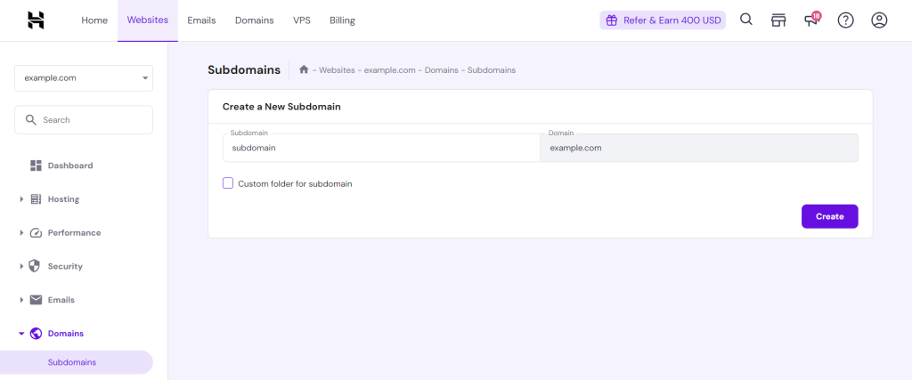 The Subdomains section in Domains menu, showing a form to create a new subdomain