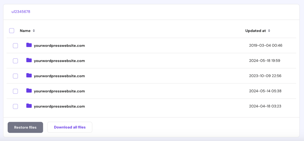 File backup creation menu in hPanel