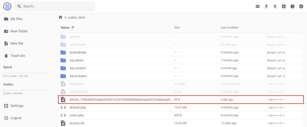 Website directory in File Manager, highlighting Ahrefs' HTML verification file