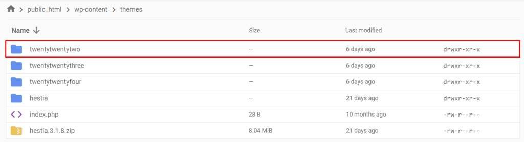 Hostinger's File Manager, highlighting the active theme's folder