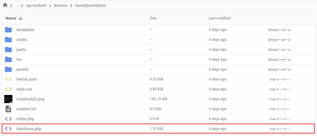 The active theme's functions.php file in Hostinger's File Manager