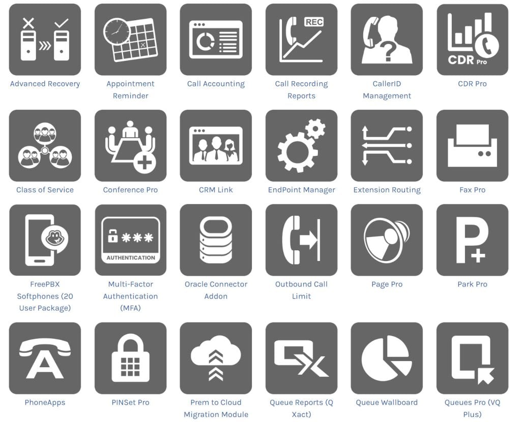 A screenshot showing some of the FreePBX add-ons, or modules, available on the FreePBX website