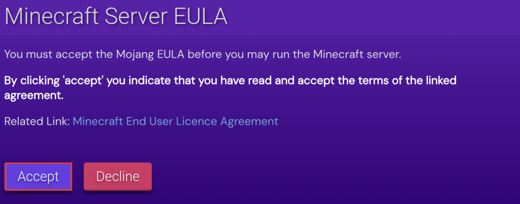 Minecraft server EULA agreement window on hPanel with the Accept button highlighted