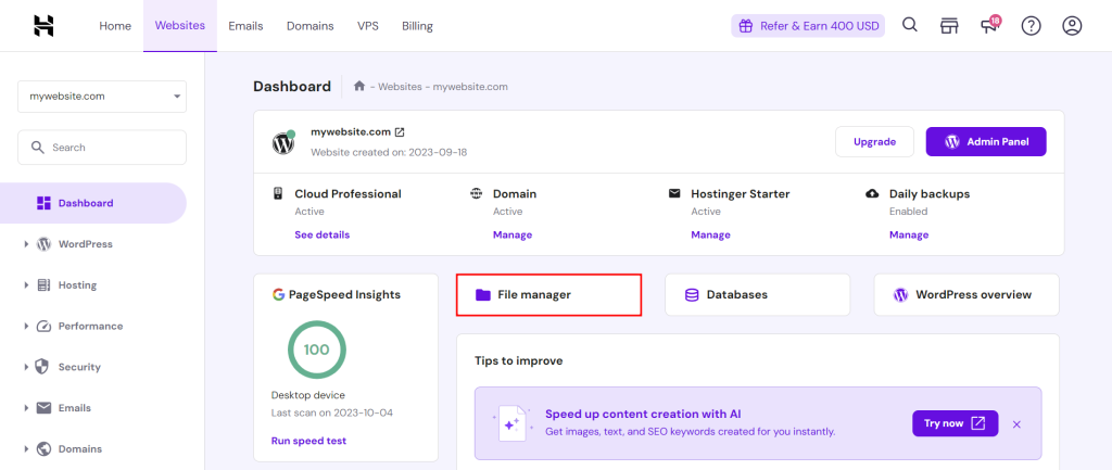 hPanel dashboard, highlighting the button to access File Manager