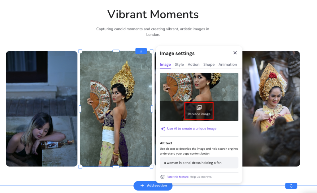 Hostinger AI Website Builder edit image highlighting replace image option