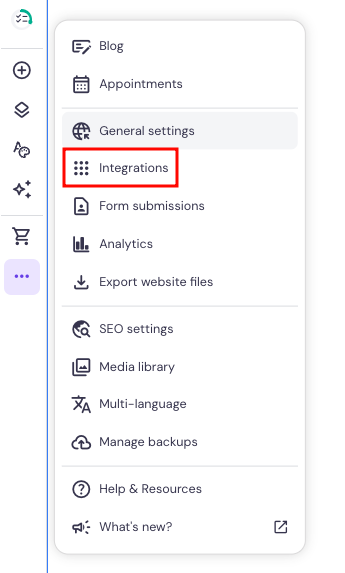 Hostinger AI Website Builder website settings highlighting integrations option