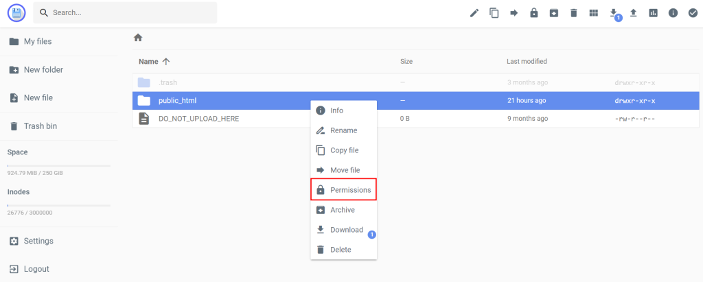Hostinger's File Manager, highlighting the option to change folder permissions