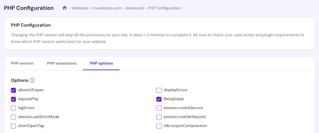 PHP Configuration page in hPanel displaying the PHP options tab