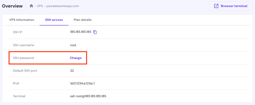 The root password change button on hPanel