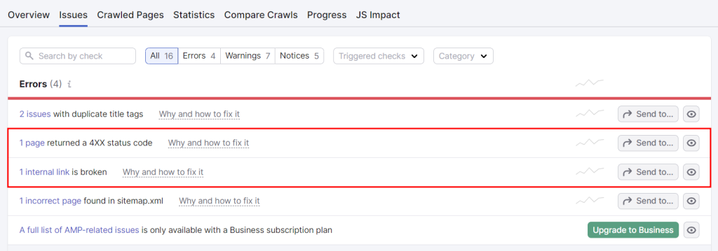 A list of issues flagged by Semrush during site audit, highlighting errors caused by broken links