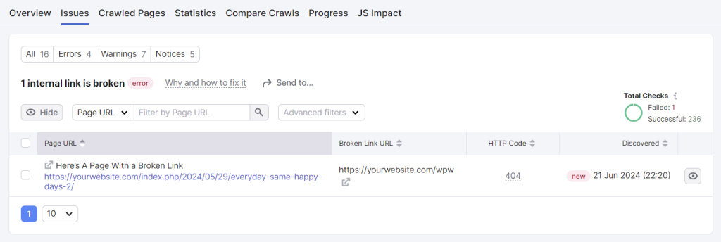 A detailed information of an issue flagged by Semrush