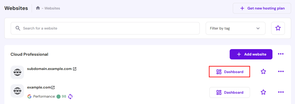 Hostinger's Websites page, highlighting the button to access a subdomain's dashboard area
