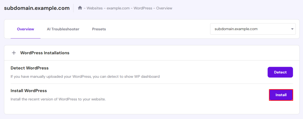 Screenshot of the list of Auto Installers provided on Hostinger's hPanel WordPress installation menu in Hostinger, highlighting the button to install WordPress on a subdomain