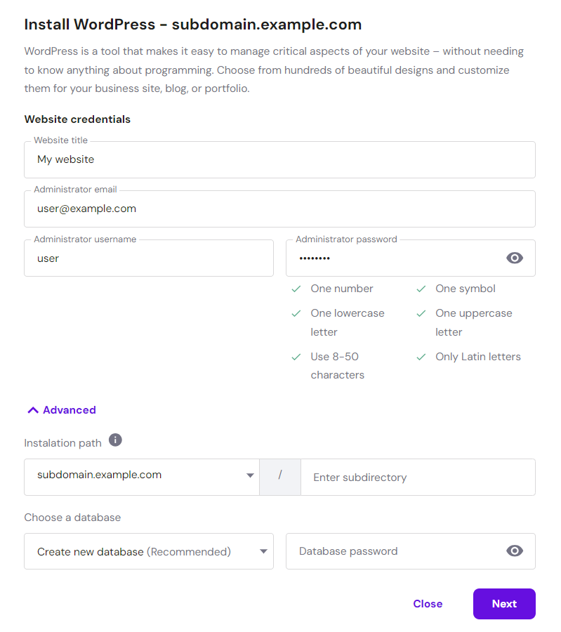 Screenshot of Hostinger hPanel's WordPress Auto Installer pop-up window WordPress installation pop-up in Hostinger