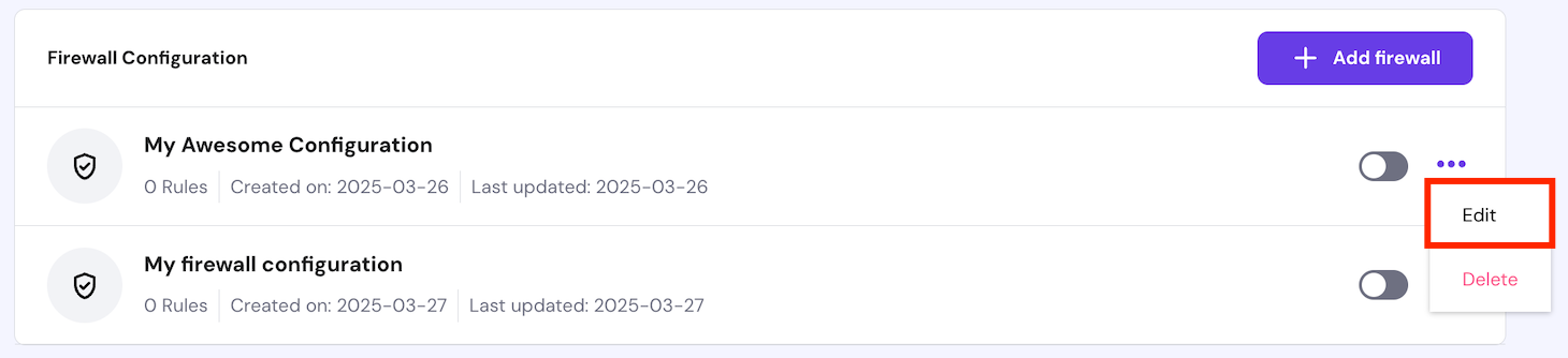 The firewall configuration's Edit button on hPanel