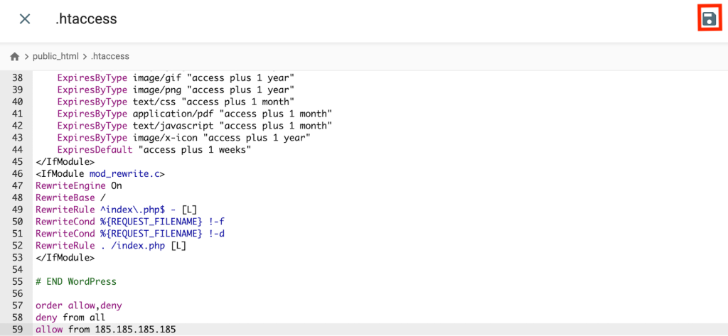 the save button in File Manager text editor