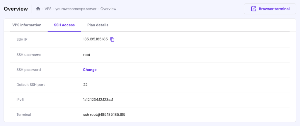 The SSH access tab on hPanel