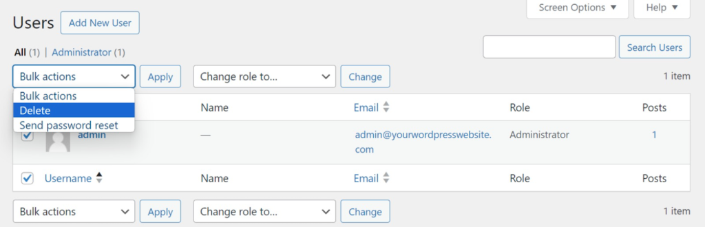 User deletion menu in WordPress