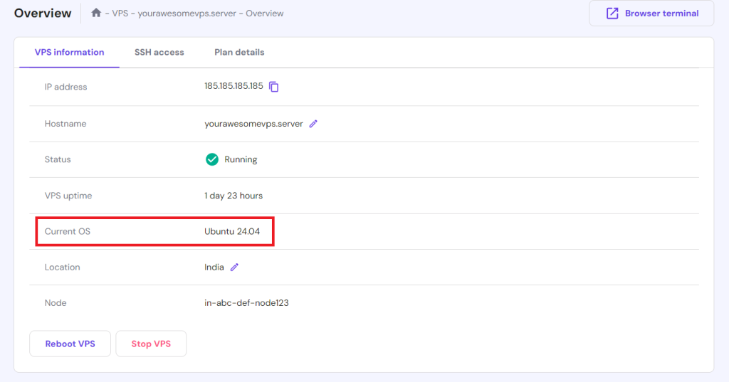 VPS operating system information in hPanel