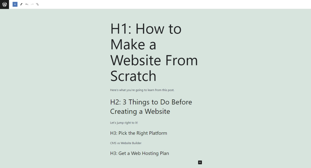 Proper heading structure example on WordPress