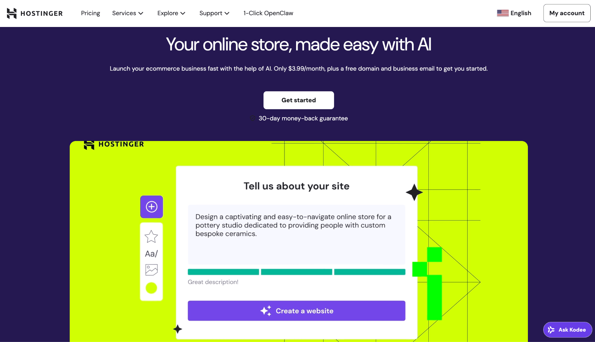 Landing page of Hostinger Website Builder