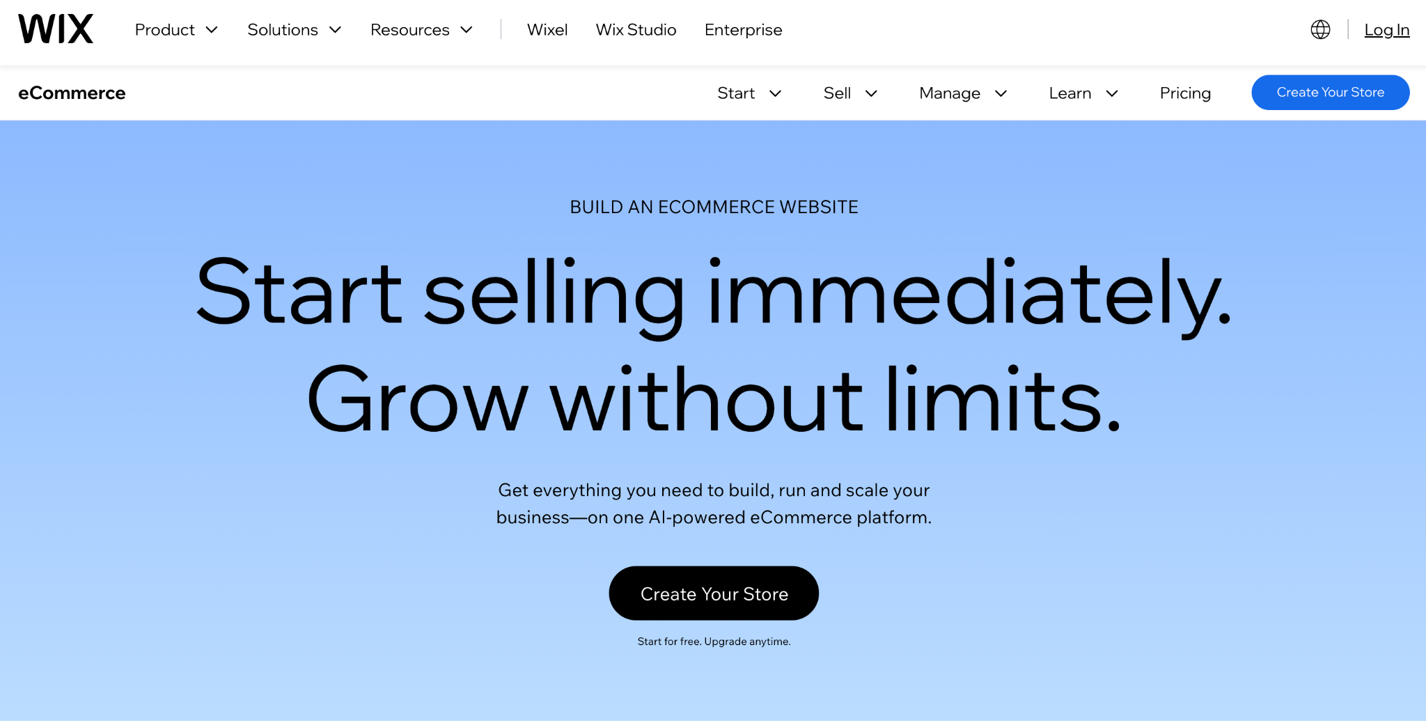 Homepage of Wix Ecommerce