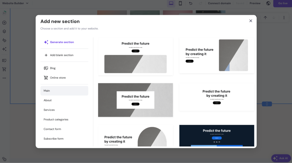 Finestra per l'aggiunta di una nuova sezione nel website builder di Hostinger