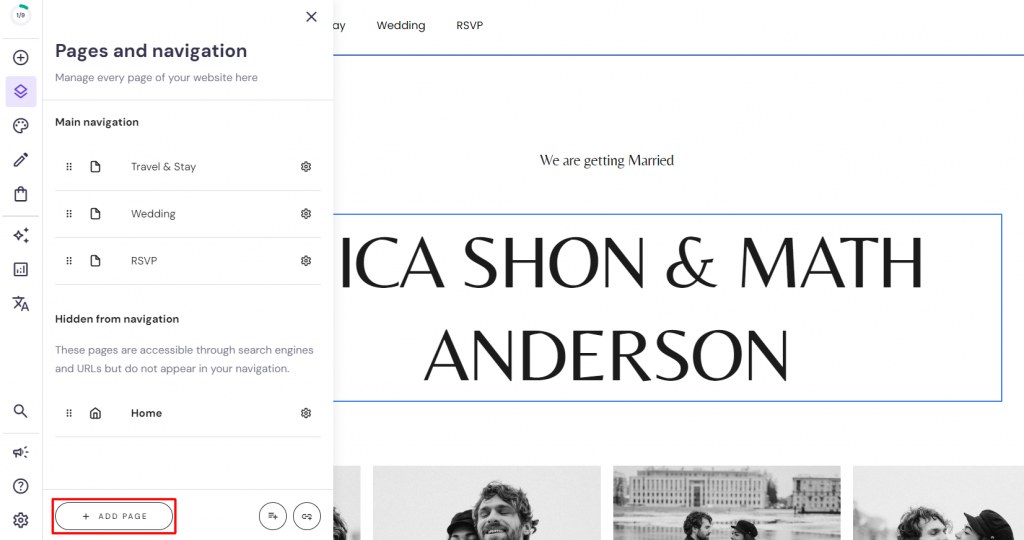 Pulsante di Aggiungi pagina nel menu Pagine e navigazione dell'editor