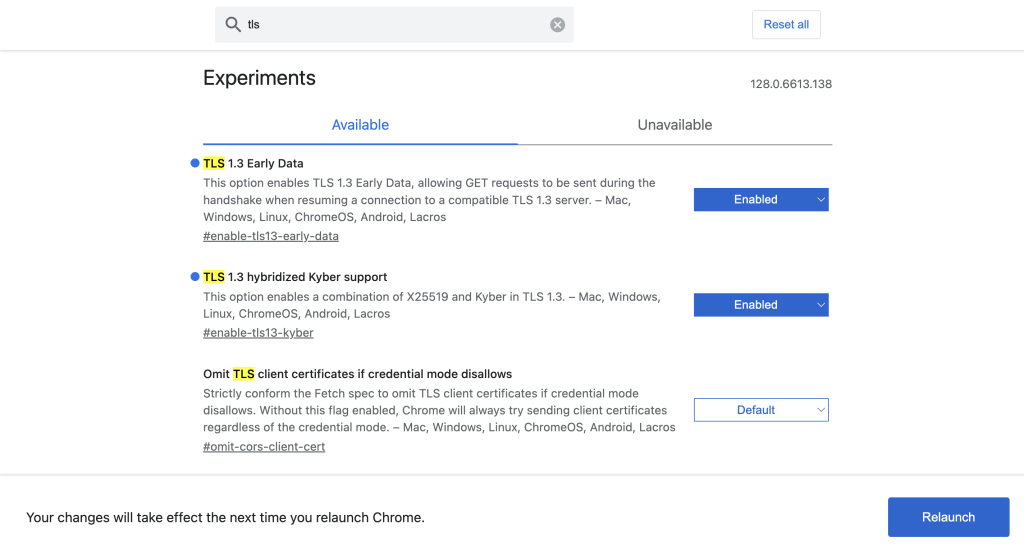 Die TLS 1.3-Optionen auf der Seite Experimente von Google Chrome