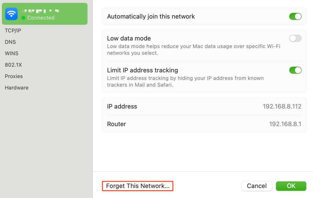 MacOS' Forget This Network menu highlighted