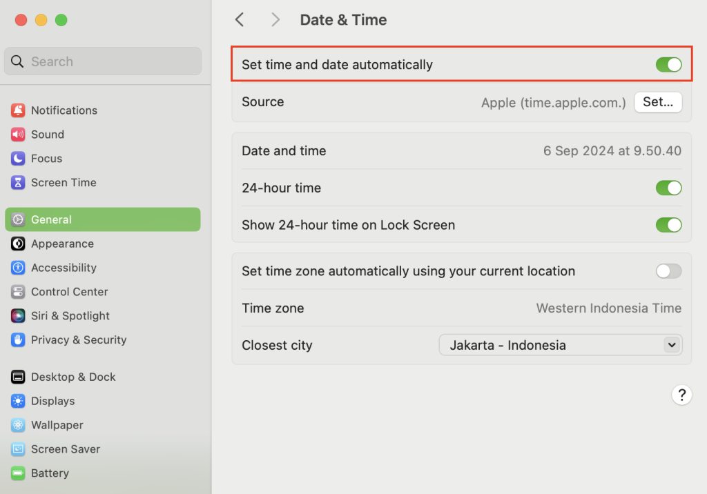 MacOS' Date and Time setting's Set time and Date automatically option highlighted