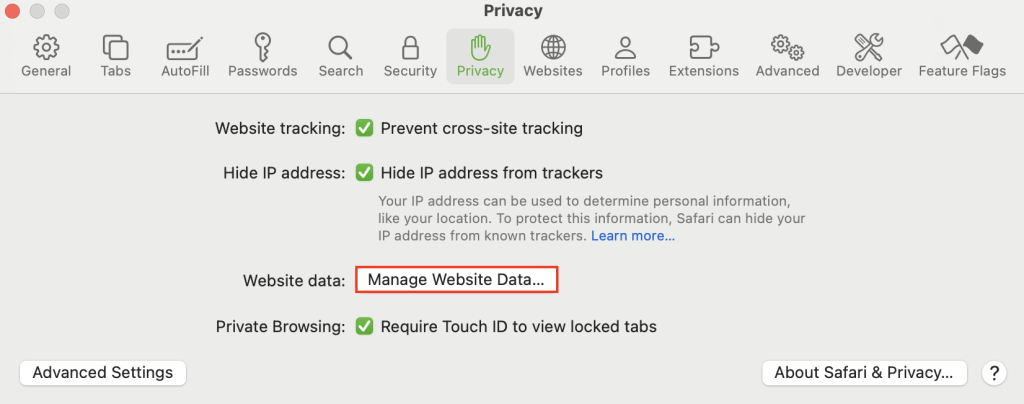 Safari's Privacy management menu with the Manage Website Data button highlighted