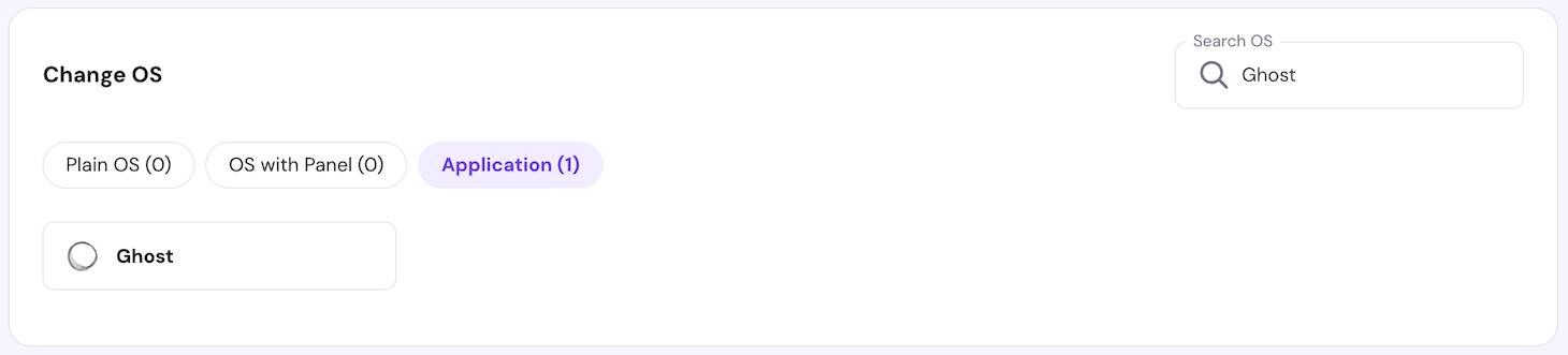 The Ghost VPS template on hPanel's operating system configuration page