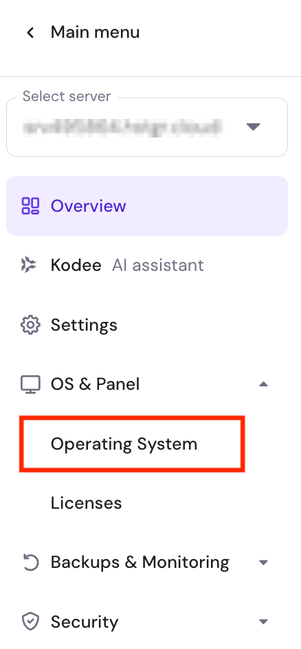 The Operating System menu on hPanel's VPS dashboard sidebar