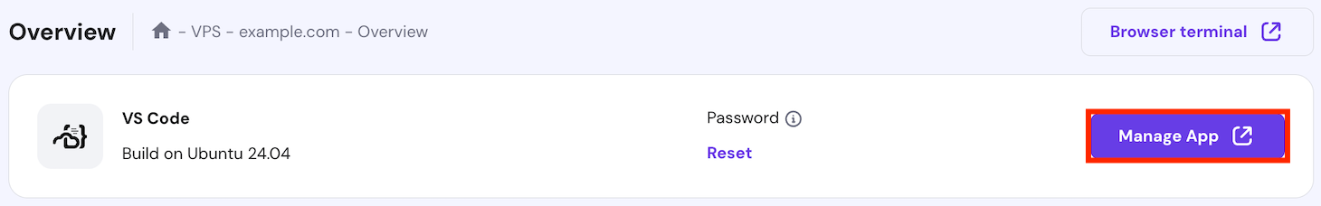 The VS Code dashboard access button on hPanel's VPS Overview page