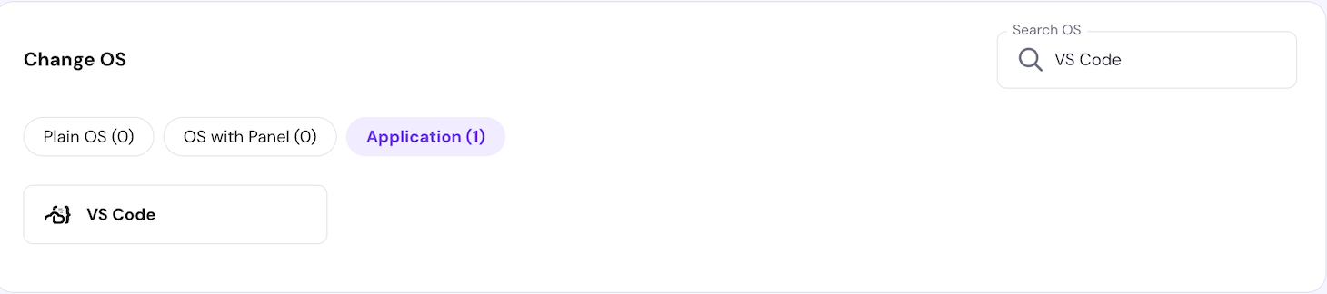 The VS Code VPS template on hPanel's operating system configuration page