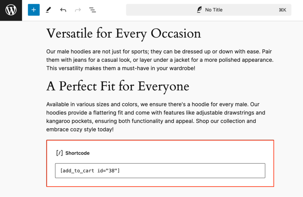 The add-to-cart shortcode in the WordPress block editor