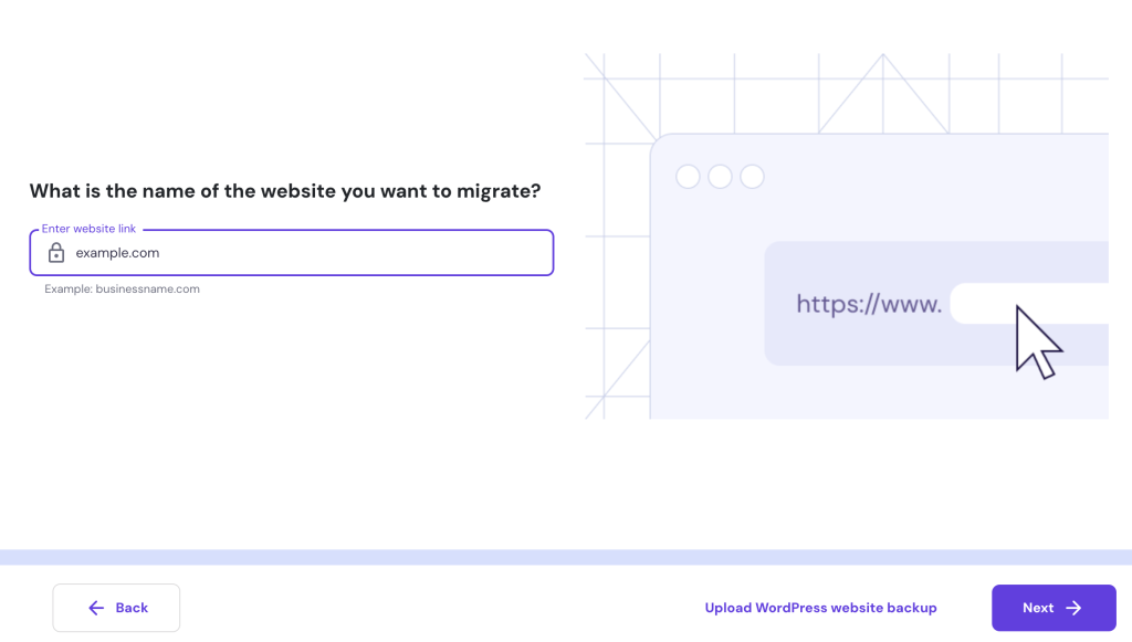 Entering the web address of the site you want to migrate in hPanel