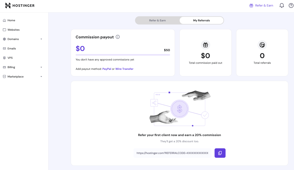 Hostinger referral program page in hPanel 