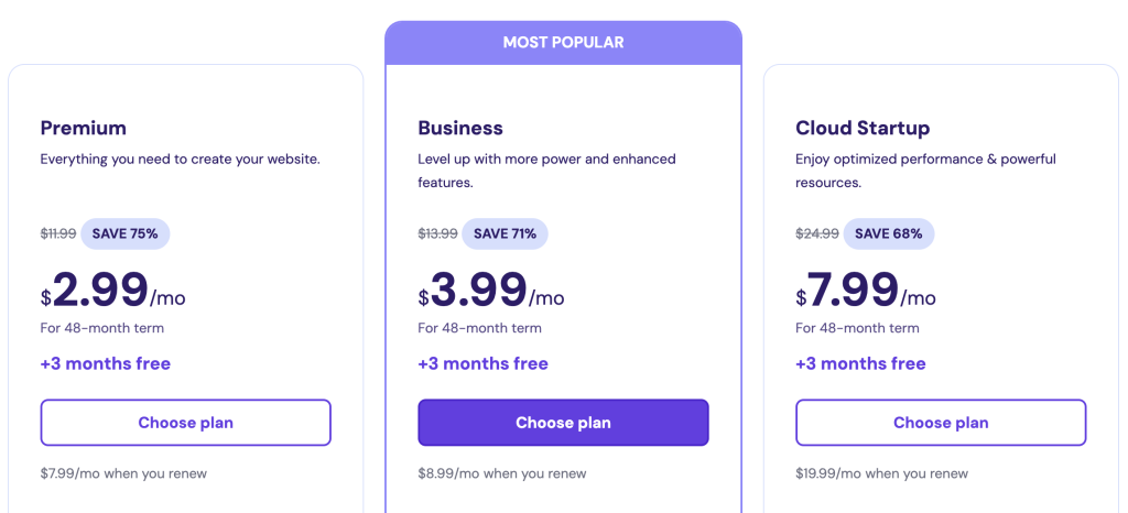 Plan selection on Hostinger's WordPress hosting page