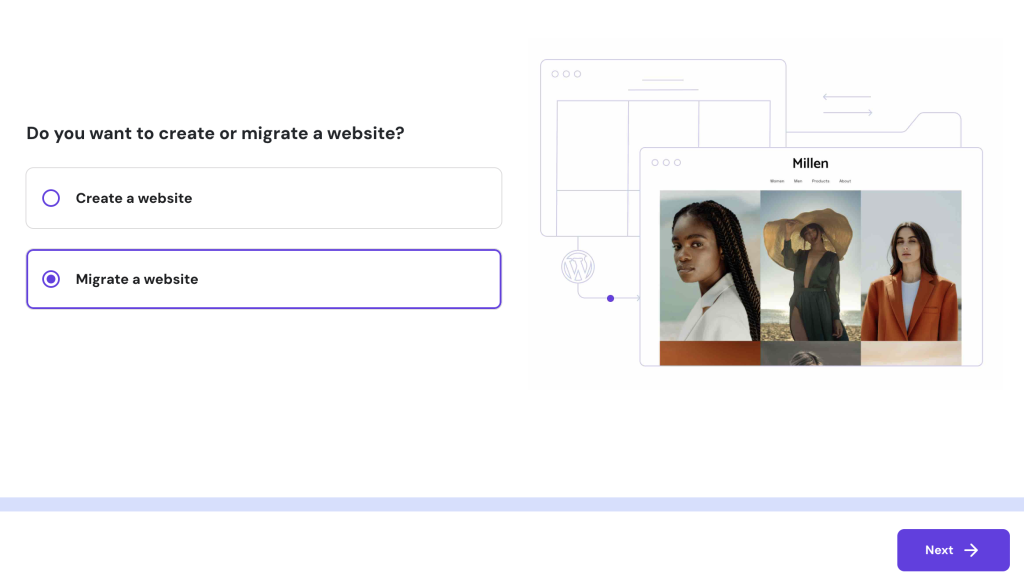 The options to create or migrate a website in hPanel