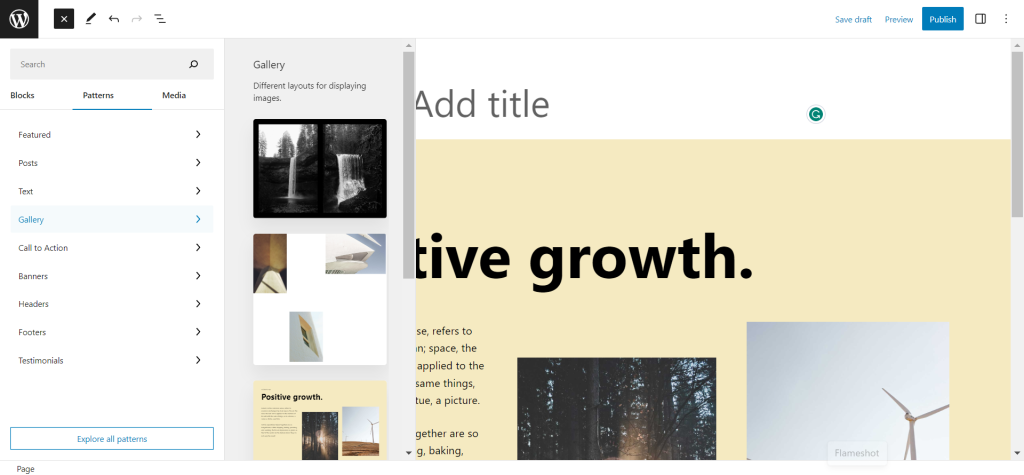 Das Menü „Blockmuster“ im Gutenberg-Editor von WordPress