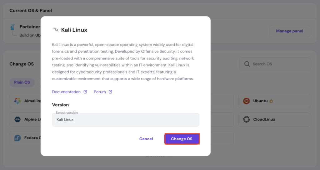 The Change OS button after selecting Kali Linux in the Operating System page of hPanel's VPS