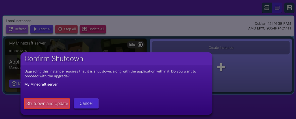The Shutdown and Update button in Game Panel