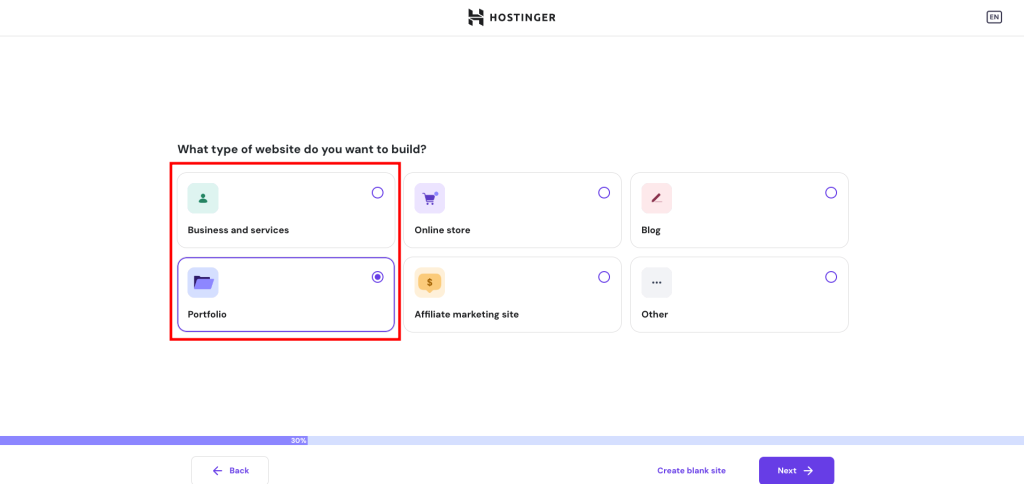 Hostinger onboarding flow, highlighting two website types that AI Website Builder for WordPress can help build
