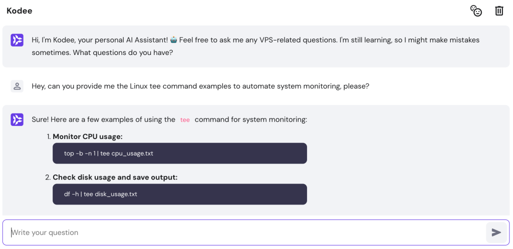 Demonstrating the Kodee usage to provide the Linux tee command examples