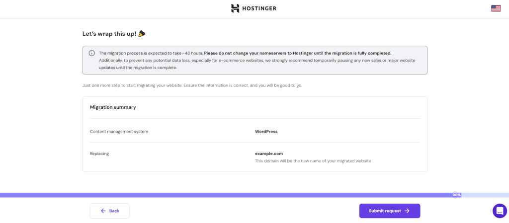 Hostinger's migration summary page